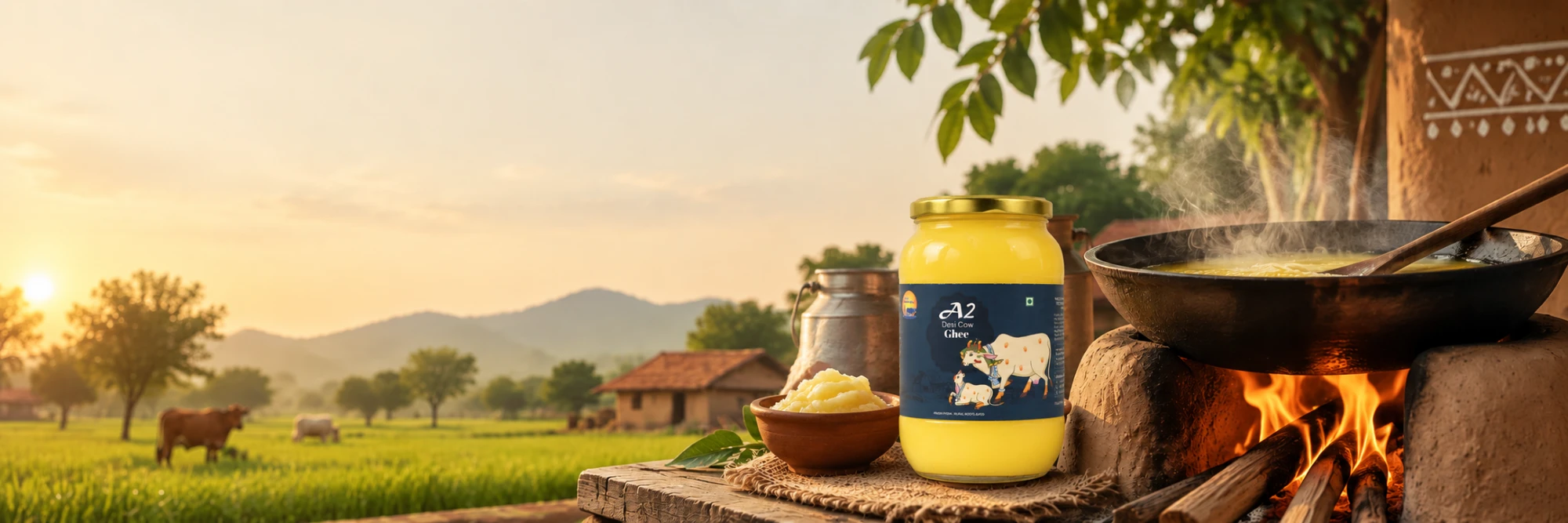 A jar of Rural Roots A2 desi cow ghee beside a kadhai of ghee simmering over an open wood fire, the fields behind at first light.