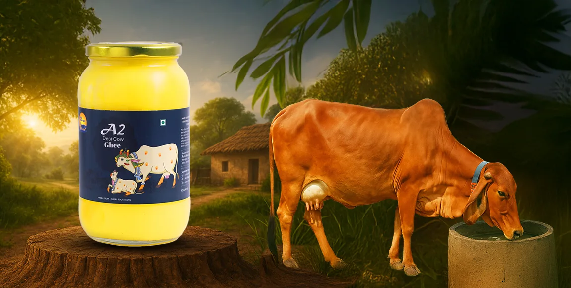 A desi cow beside the Rural Roots ghee jar at dawn