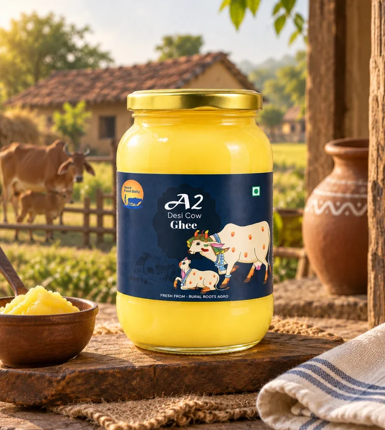 A jar of Rural Roots A2 desi cow bilona ghee